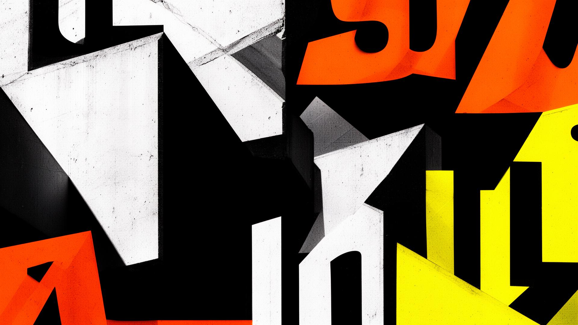 Bold brutalist composition of black, white, orange and yellow geometric shapes